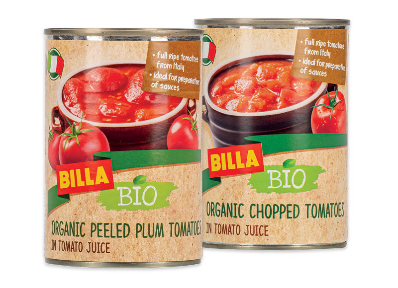 BILLA BIO konservuoti pomidorai, 425 ml
