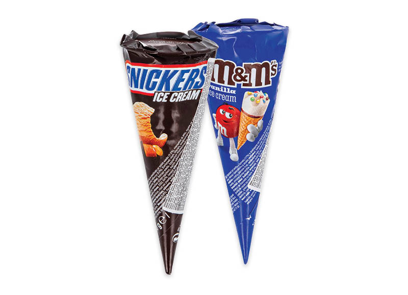 Ledai M&M’S ar SNICKERS vafliniame kūgyje