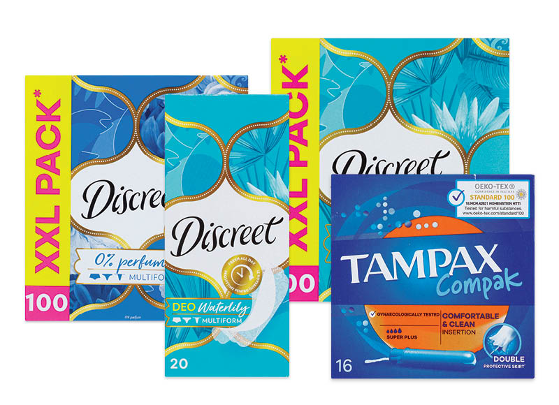 Moterų higienos priemonėms DISCREET ir TAMPAX