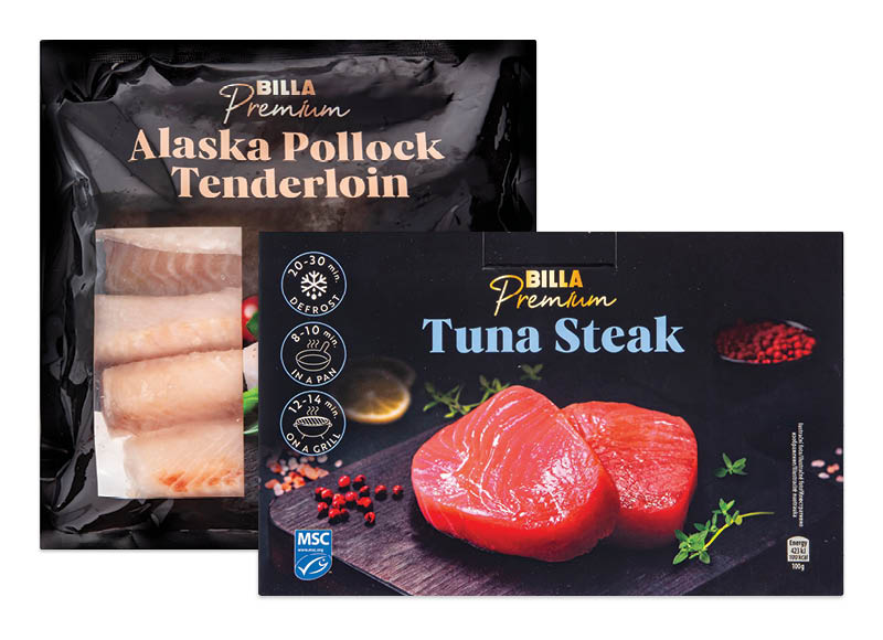 BILLA PREMIUM šaldytoms aliaskinėms menkėms ir tunams