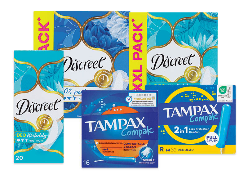 Moterų higienos priemonėms DISCREET ir TAMPAX