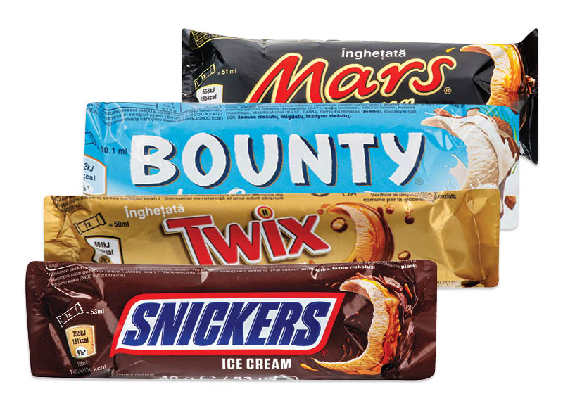 Ledai SNICKERS, MARS, TWIX ar BOUNTY