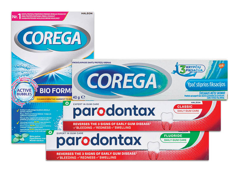 Burnos priežiūros priemonėms PARODONTAX ir COREGA