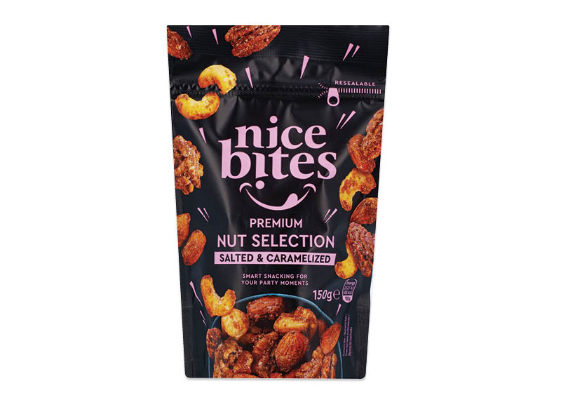 NICE BITES sūrios karamelės skonio skrudintų ir neskrudintų riešutų mišinys