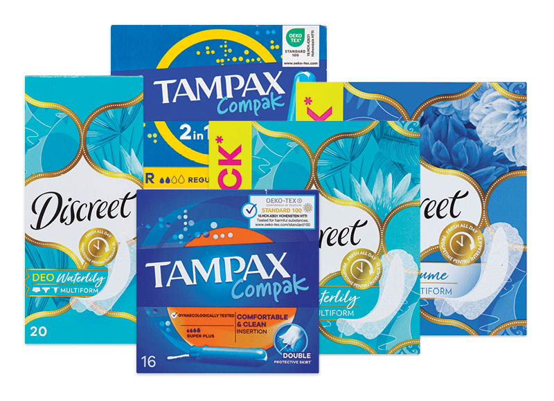 Moterų higienos priemonėms DISCREET IR TAMPAX