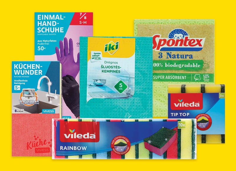 Virtuvinėms šluostėms, kempinėms ir guminėms pirštinėms