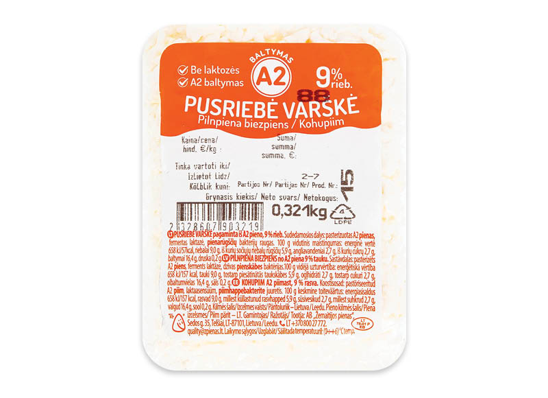 Pusriebė varškė pagaminta iš A2 pieno