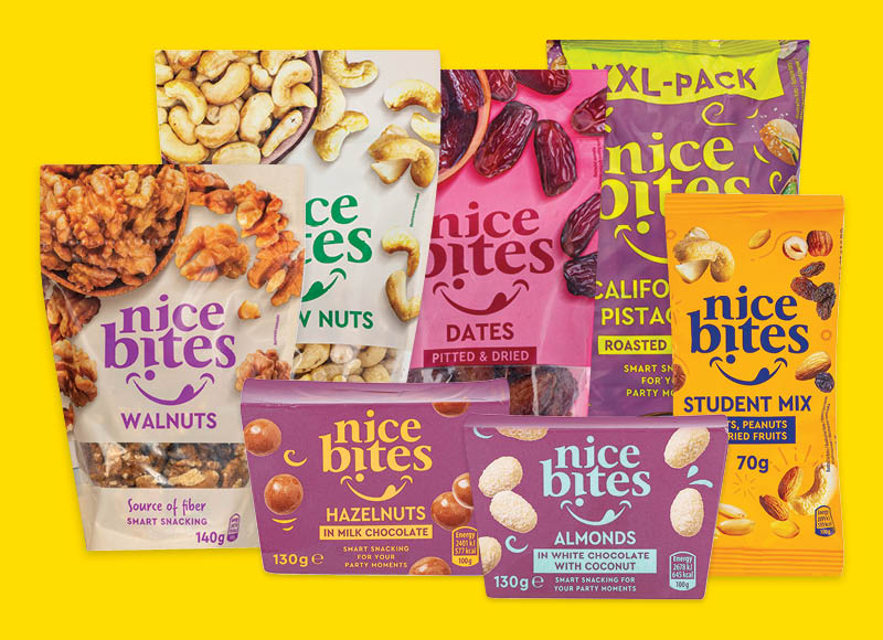 NICE BITES džiovintiems vaisiams, uogoms, riešutams