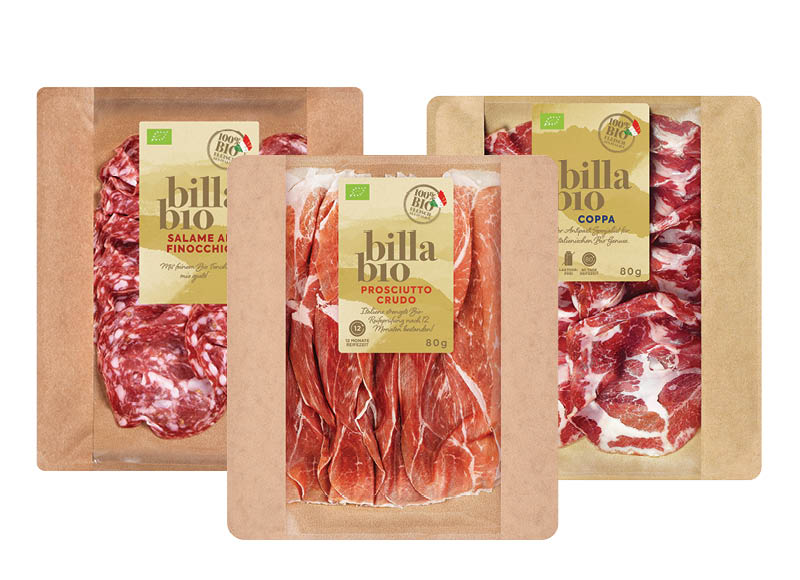 BILLA BIO vytintiems kumpiams, saliamiui, sprandinei griežinėliais