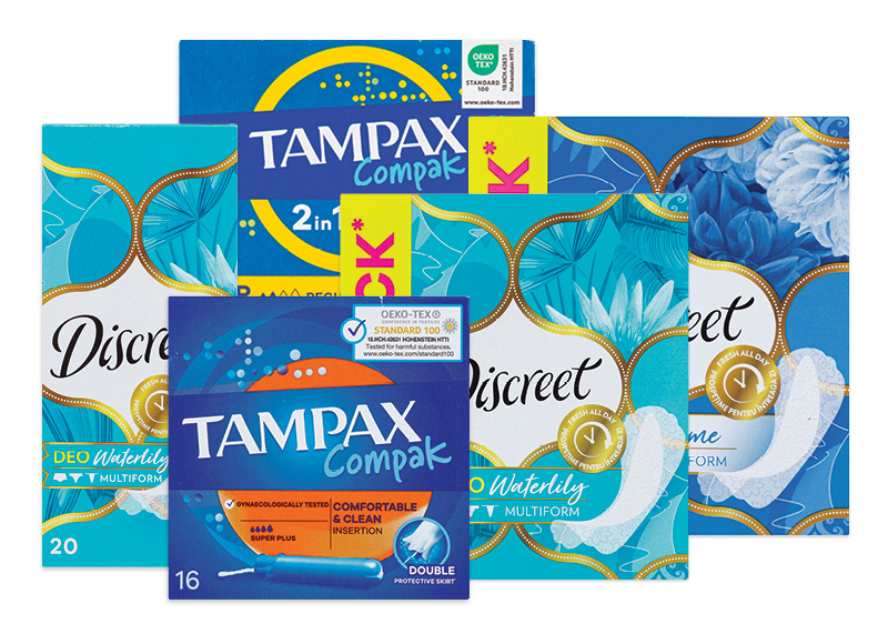 Moterų higienos priemonėms DISCREET ir TAMPAX
