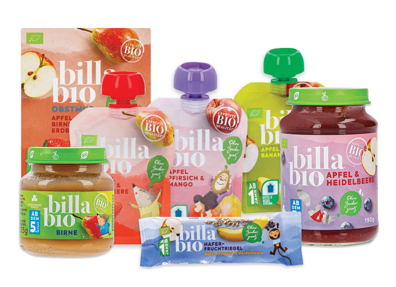BILLA BIO vaikų tyrelėms ir užkandžiams