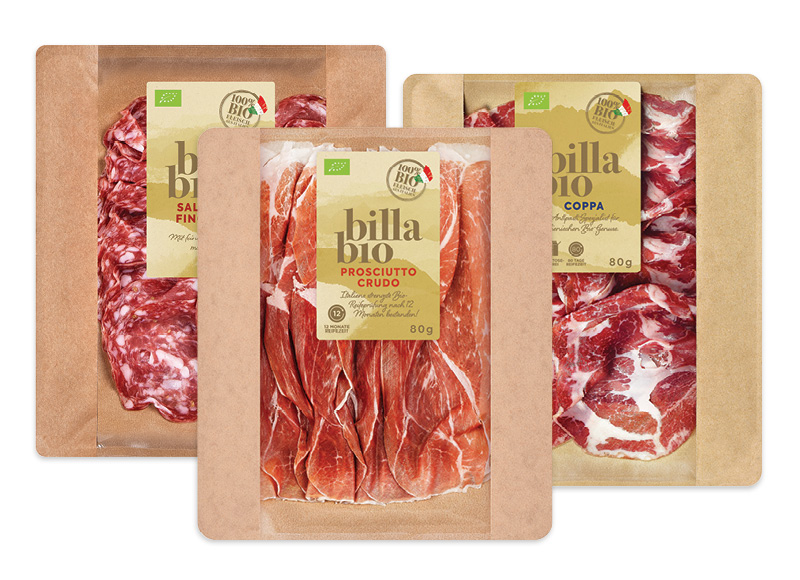 BILLA BIO vytintiems kumpiams, saliamiui, sprandinei griežinėliais