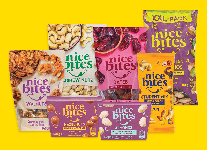 NICE BITES džiovintiems vaisiams, uogoms, riešutams