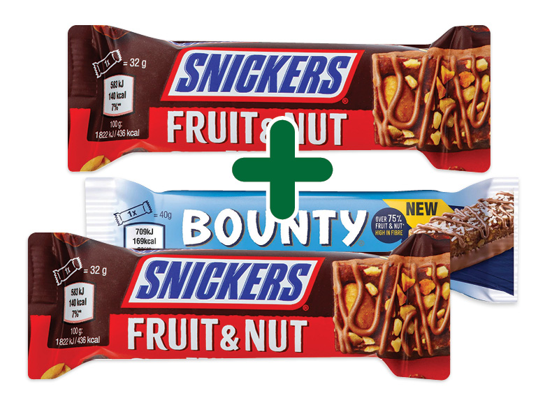 Javainių batonėlis SNICKERS, BOUNTY