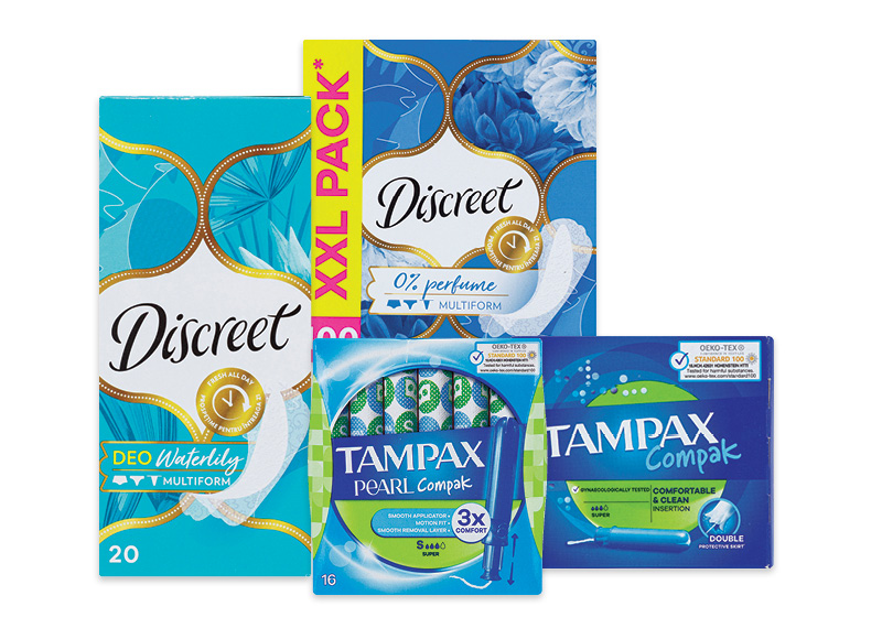 Moterų higienos priemonėms DISCREET ir TAMPAX